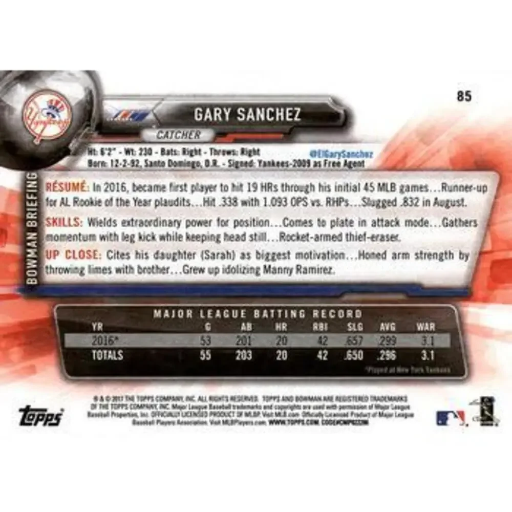 2017 Bowman Gary Sanchez # 85 New York Yankees